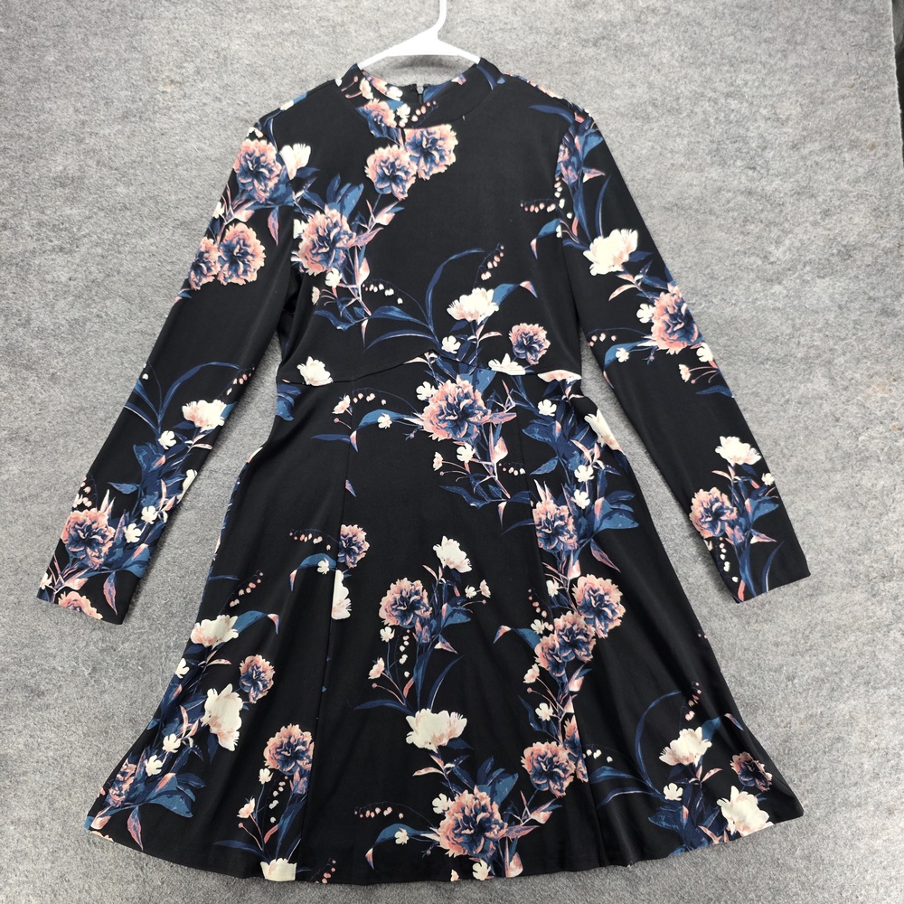 Ivanka Trump Dress Womens 8 Black Fit & Flare Floral Knee Length Long Sleeve